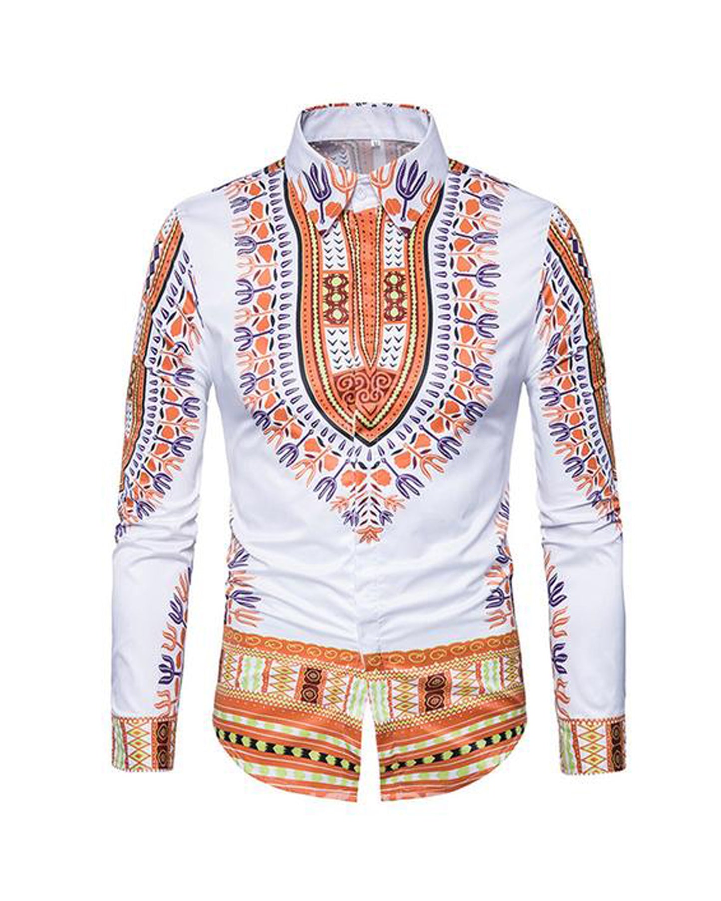 WHITE DASHIKI SHIRT COLOURFUL TRIBAL DESIGN