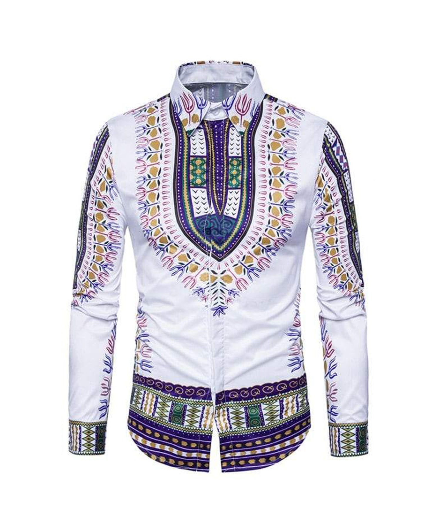 WHITE DASHIKI SHIRT COLOURFUL TRIBAL DESIGN