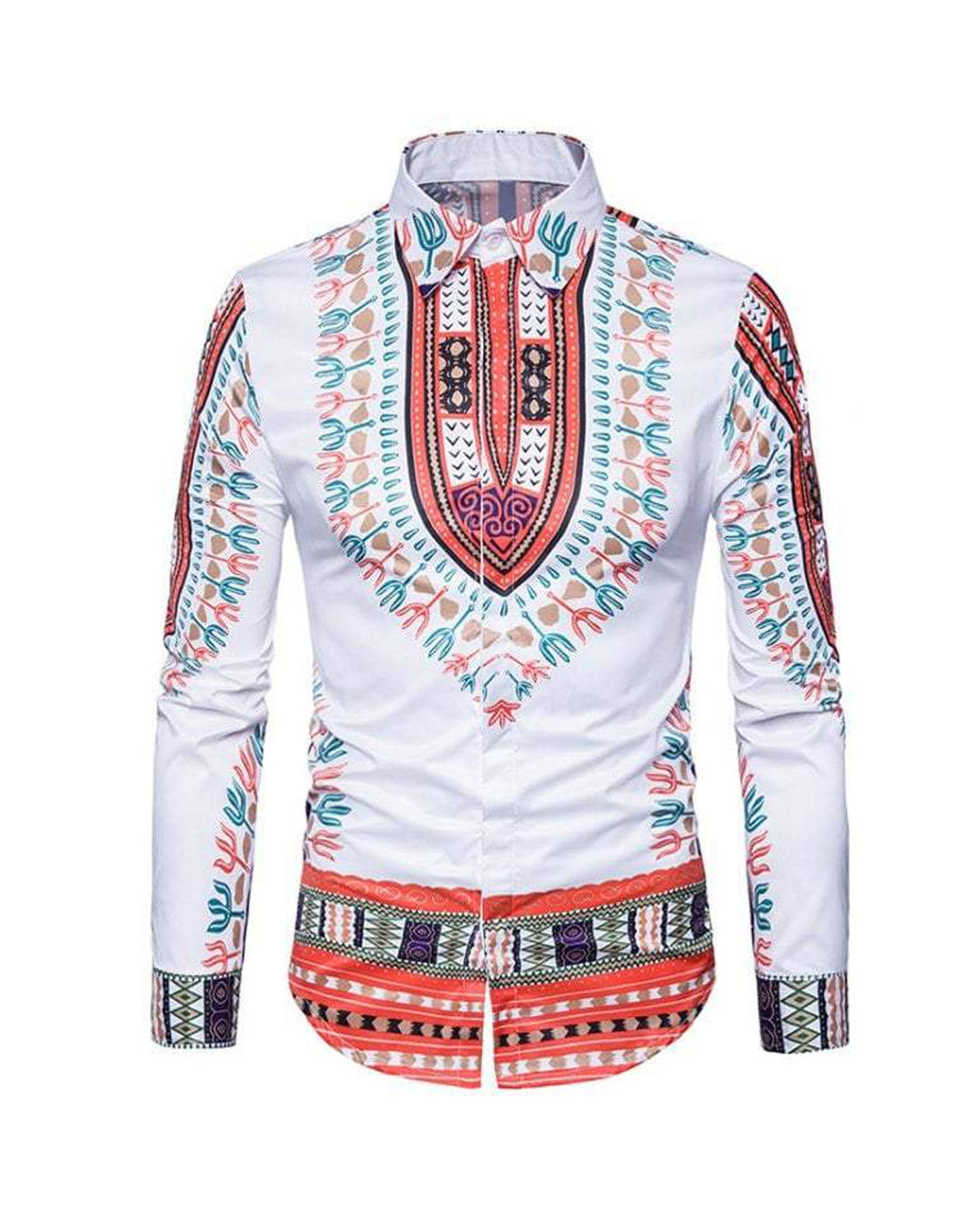 WHITE DASHIKI SHIRT COLOURFUL TRIBAL DESIGN